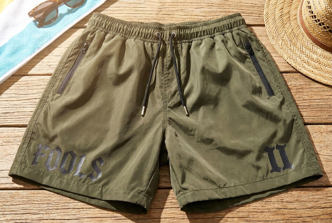 Olive Green ‘Fools Den’ lightweight running shorts